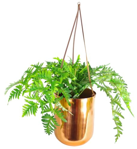 Leaf Kupfer-Übertopf zum Aufhängen, 60 cm, mit künstlichem, immergrünem Farn