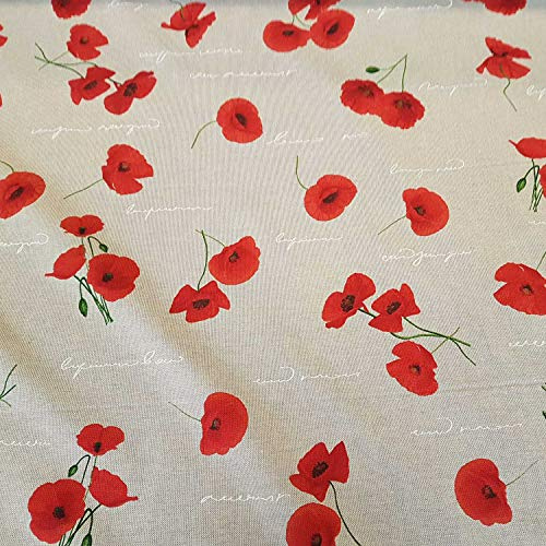 Tyg Meterware bomull natur röd mohn blommor blommor blommor text lättskött dekostoff draperi
