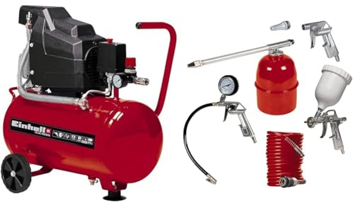 Einhell TC-AC 190/24/8 Compressore, 1500 W, 230 V, Rosso &4000832470 Set di 5 Accessori, Metallo, Compressore, Rosso/Bianco/Metallico
