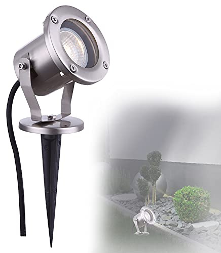 Außenstrahler mit Erdspieß Gartenstrahler Gartenleuchte Edelstahl (Wegeleuchte, Außenleuchte, Erdspitz, IP65, Kabellänge 3m, Fassung GU10 mit 35 Watt)