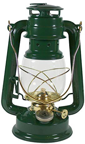 Petroleumlampe grün, mit vermessingten Elementen, HEINZE Sturmlaterne, Höhe 24 cm, Einfülldeckel mit Kindersicherung, Leuchtdauer ca. 15 Std.