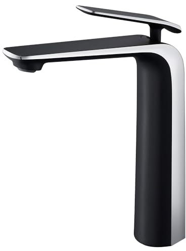 TOCALOCA Tall Bathroom Basin Faucet Matte Black and Silver Chrome, Bathroom Vessel Sink Faucet Brass, Single Handle One Hole Vanity Sink Mixer Tap Faucet for Blow Sink Lavatory, Hot and Cold Water