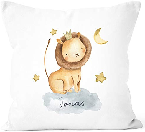 SpecialMe® Kissen-Bezug mit Namen Wunschname Tier-Motive Nashorn Löwe Elefant Watercolor Namenskissen Kinder Baby Löwe weiß Unisize