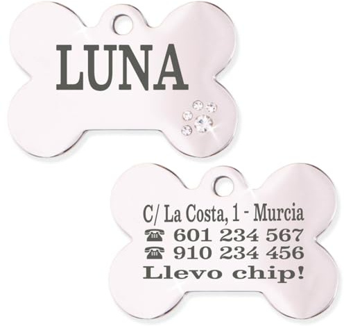 Ibera Gifts - Chapa Perro Grabada De Acero Inoxidable En Forma De Hueso, Tamaño 37 x 23 mm, Placa Perro Personalizada Para Perros Medianos Hasta Grandes
