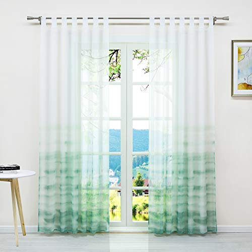 ESLIR Gardinen mit Schlaufen Vorhänge Fensterschal Transparent Schlaufenschal mit Farbverlauf Muster Voile Grün BxH 140x175cm1 Stück