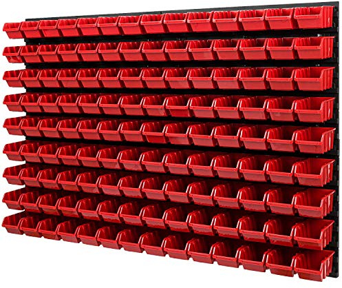 Étagère murale, boîtes empilables, 1152 x 780 mm, 126 pièces, système de rangement, panneau perforé pour outils, rouge