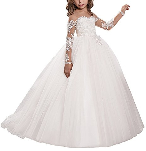 Aibaowedding Spitze Stickerei Schiere V-Rücken ärmellos Kinder Schleppende Kleider (DE/NL/SE/PL, Alter, 8 Jahre, 9 Jahre, Regular, Weiß)