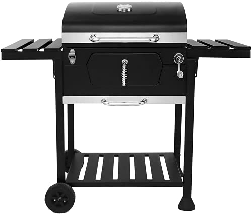 Black Charcoal Grill BBQ Trolley Wheels Two Arm Garden Smoker Shelf Side Steel