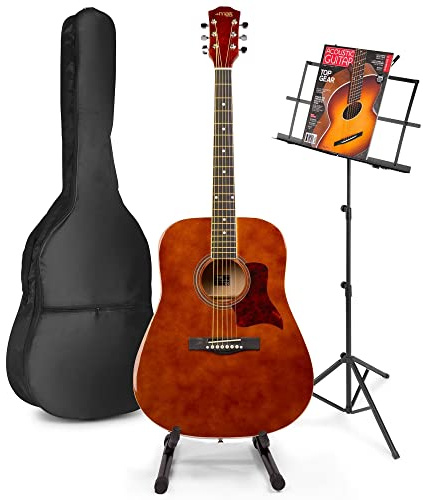 MAX SoloJam Westerngitarre, Akustik Gitarre Set, Acoustic Guitar, Akustikgitarre 4/4 mit Tasche, Gitarrenständer, Notenständer, Stimmgerät, Schultergurt, Saiten, akoestische Anfängergitarre, Holzbraun