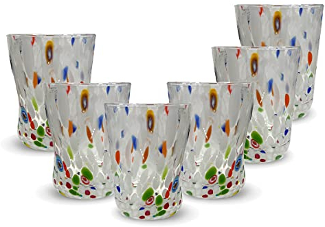 Gocce di Murano Juego de 6 vasos Goto de cristal de Murano soplado de 300 ml, hecho a mano, de colores, paquete de 6 copas de agua elegantes y preciosas, fabricado en Italia (Crystal White, 6)