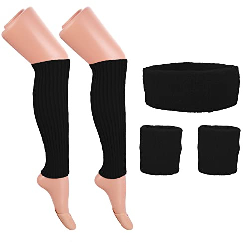Jomnvo 80er Jahre Kostüme Zubehör 80er Jahre Frauen Verkleidung Zubehör Set Beinstulpen Strick Neon Stirnband Armbänder für 1980er Jahre Party Outfit Retro Party Dekor (Schwarz)