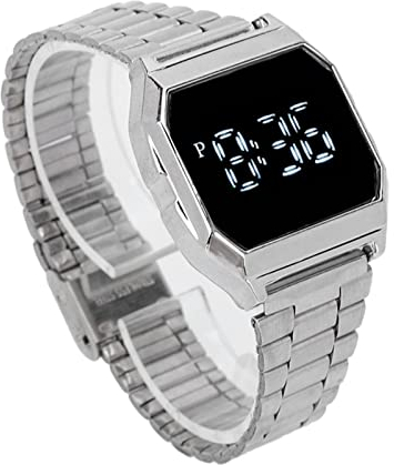 Orologio sportivo digitale, orologio touch screen con cinturino in acciaio inossidabile Orologio digitale multifunzionale a LED trasparente con funzione cronografo di allarme per uomo donna(D'argento)