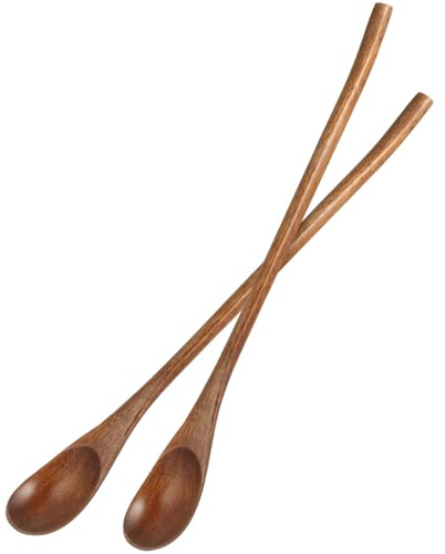 Operitacx 2Pcs Long Wooden Spoons, 9 Inch Long Handle Wood Honey Spoon for Coffee Stirring & Mixing in Jars, Lightweight Teaspoons for Kitchen & Bar