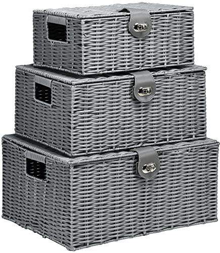 HOMCOM Set di 3 Cesti in Vimini PP con Coperchio, Contenitori Rettangolari di Diverse Dimensioni, Grigio