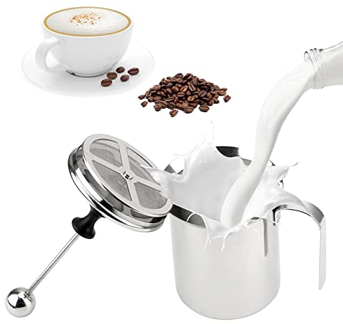 Montalatte, 800ml Schiumalatte in Acciaio Inox Doppia Rete Manuale Latte Creamer Schiuma di Latte per la Preparazione di Caffè Cappuccino Schiuma di Latte
