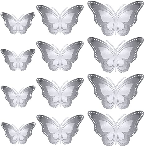 Oblique Unique® 3D Schmetterlinge 12er Set Metall Dekoration + Klebepunkte als Wandtattoo Wandsticker Wanddeko in Gold oder Silber (Silber)