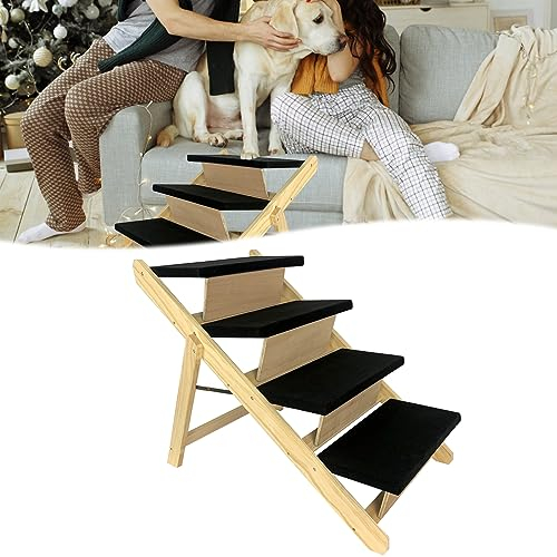 HENGMEI 2 in 1 Hundetreppe, Holz Hunderampe, Klappbar Katzentreppe, rutschfeste Katzenleiter, Haustiertreppe für Kleine Hunde, Alte Katzen, 100x46x9cm