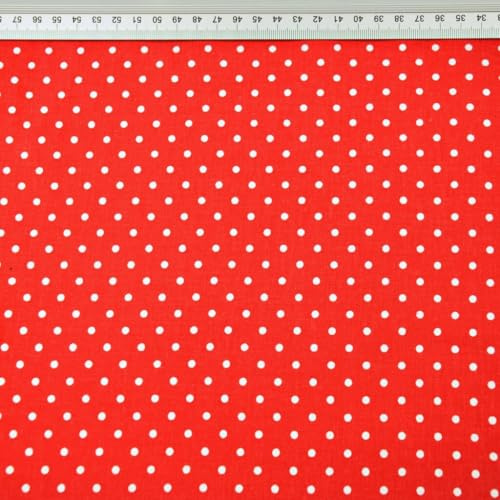 Textrend, tela de algodón, tela para coser, 100% algodón, motivo de lunares 4mm, tela textil 1x1,6m, tela por metro, patchwork (Blanco sobre rojo)