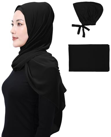 PeacePray Black Matched Hijab and Undercap Set, Chiffon Muslim Head Scarf for Women, A Perfectly Decent Combination