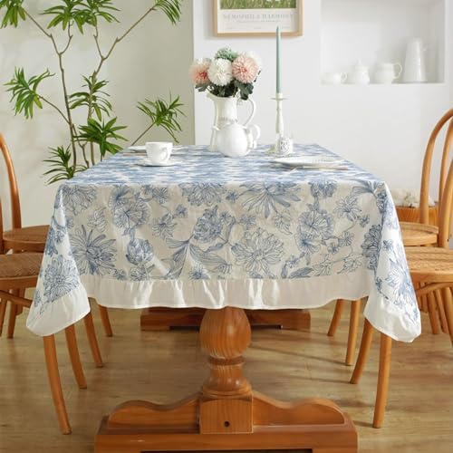 Mesnt Tischwäsche Modern, Baumwolle Gestickte Blume Tischtuch Fleckenschutz, Blau Weiss, 100 x 140 cm