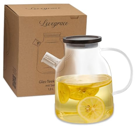 Lovegrace Borosilikat Glas Teekanne 1800 ml mit Holzdeckel & Siebeinsatz | Hitzeresistente Kanne mit Edelstahlfilter, geschmacksneutral – zum Aufbrühen von Tees, Kräutern und heißen Getränken
