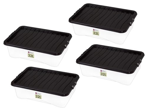 Neat. Plastics 32L Heavy Duty Storage Box, Clear Base, Black Lid - Organise Easily with Plastic Storage Box, Ideal Clear Boxes for Storage, Durable Plastic Boxes with Lids, Pack of 4