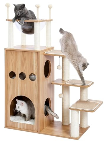 PJDDP Árbol De Madera para Gatos, Árbol para Gatos con Poste Rascador para Gatos Grandes De Interior, Castillos Celestes De Condominio para Gatos Extra Altos De 51 con Cápsula Espacial