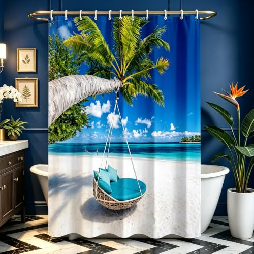 Lerores Duschvorhang 180x200cm Strand, Beschwerter Saum Antischimmel Textil, Wasserabweisend, Waschbar Polyester Badevorhänge mit 12 Ösen und Duschvorhangringen für Badezimmer, Badewanne