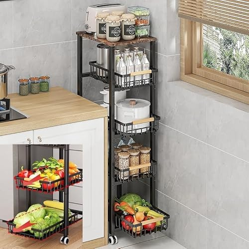 CarolynDesign Panier en Fil métallique avec Roues, Chariot de légumes et de Fruits empilable pour Le Rangement de la Cuisine avec Coussin d'accoudoir en Bois Coulissant au Fond