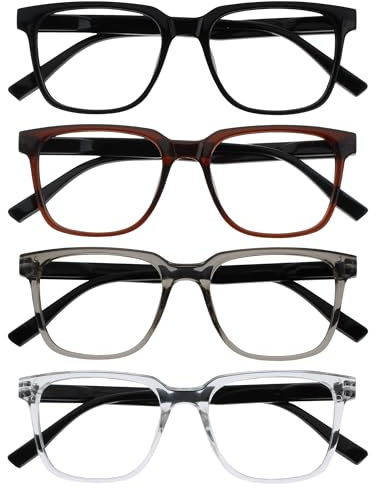 OPULIZE LEO Lesebrille - 4er-Pack - Großes Rechteckiges Gestell - Schwarz, Braun, Grau, Klar - Herren Damen - Federscharniere - RRRR55-127C - +2.50