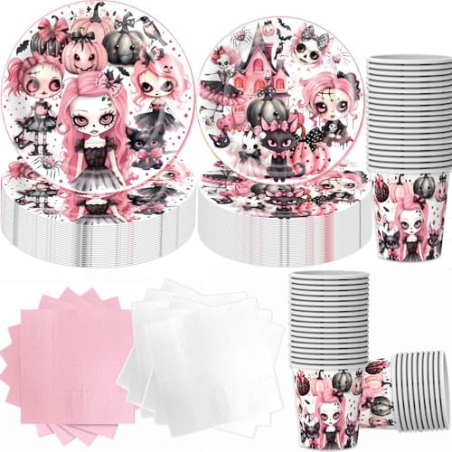100 teiliges Halloween Deko Geschirr Set für 25 Gäste,Halloween Geburtstag Party Zubehör Dekoration,Rosa Scary Birthday Party Pappteller mit Becher Servietten