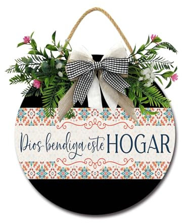 Dios Bendiga Este Hogar Haustürschild lustige Kränze zum Aufhängen, Holzschild, Dekoration, rund, rustikales Holz, Bauernhaus, Veranda, Dekoration für Zuhause, Haustür, 27,9 x 27,9 cm
