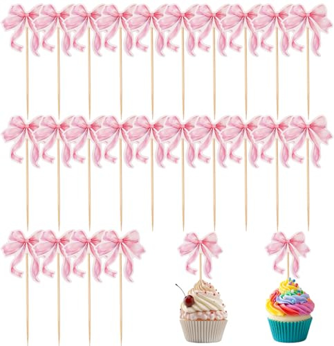 24pcs Pink Bow Cupcake Toppers, Paper Bowknot Cupcake Toppers Cute Dessert Cake Toppers Bow Tie Cupcake Toppers for Girls Princess Birthday Party Wedding Party Decorations