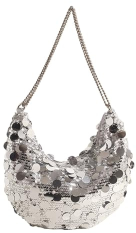 AndThere Women's Clutches Sparkly Half Moon Bag Dumpling Sequin Evening Clutch Bags Glitter Crescent Bag Women Crossbody with Chain Strap Handbag Shiny Crescent Shoulder Bags for Wedding Porm Party