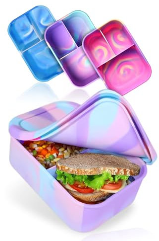 Deine Schulhelden Lunchbox - Silikon Brotdose - Bruchfest und Auslaufsichere Batik Bento Box, BPA frei, Spülmaschinen und Mikrowellen geeignet - Kapazität 1200 ml (lila)