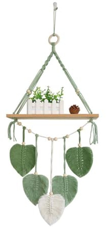 Wanddeko Wandregal Holz Regal Makramee Regal Boho Deko Handgewebte Natürliches Treibholz Hängeregal Schweberegal Für Wohnzimmer Schlafzimmer Badezimmer Schwebende Pflanze (Grün, 39*90 CM)