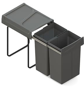 Emuca - Recycling bin for lower mounting and manual pull-out in kitchen unit 2x25litres, Anthracite grey Plastic