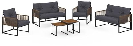 IDMarket - Lounge-Set Rio, 6 Sitzer, Metallstruktur und Seil, Rattan-Effekt, mit grauem Kissen