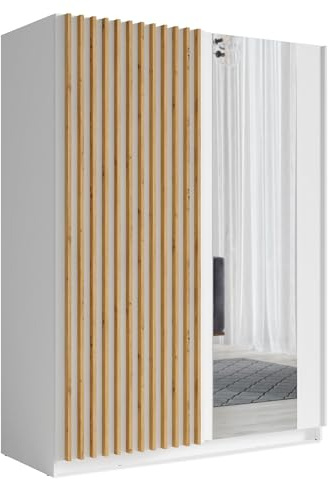 konsimo Castaria Armoire à portes coulissantes (2 portes, 4 étagères, 1 tringle à vêtements, 1 pièce, aspect moderne, poignées, lamelles, sans fermeture amortie, pieds en plastique), 2 portes, (blanc