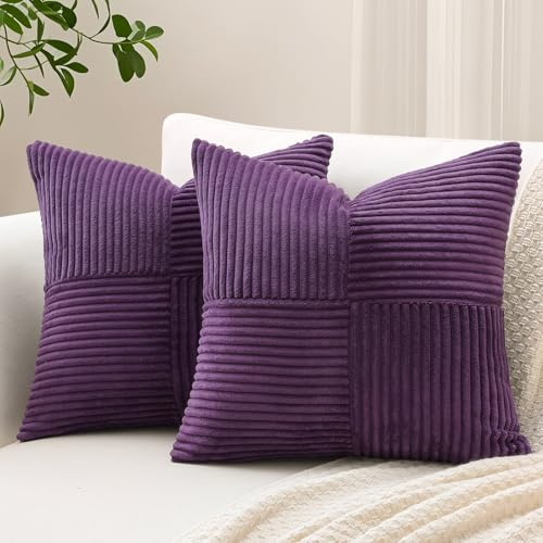 Sungeek 2er Set Cord Kissenbezüge, Kreuz Streifen Muster Kordsamt Kissenbezug Sofakissen Dekokissen Patchwork Design Deko Zierkissenbezüge Kissenhülle für Wohnzimmer (50x50cm, Violett)