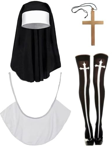 Ymxygz 4-teiliges Nonnen-kostüm-zubehör-Set, Nonnen-Outfit-zubehör Kopfbedeckung, Schal, Kreuz-anhänger-Halskette, Kniehohen Socken Für Frauen, Halloween-Cosplay-kostüme