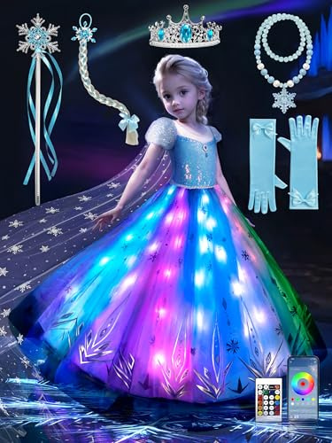 BLINGCOS Robe Princesse, Deguisement Fille Sync Musique, Contrôlable par APP Kit de Fête avec 6 Accessoiress pour Halloween, Noël