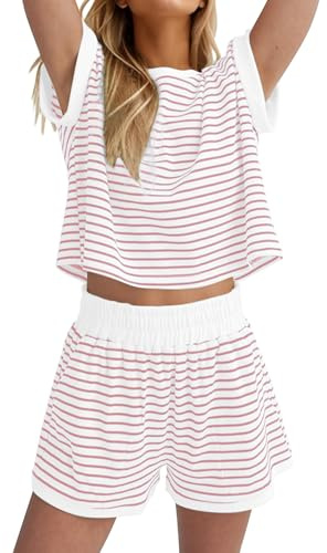 Famulily Ladies Striped Cap Sleeve Pajama Sets with Pockets Casual Tracksuit Crewneck 2 Piece Lounge for Women UK Pink S