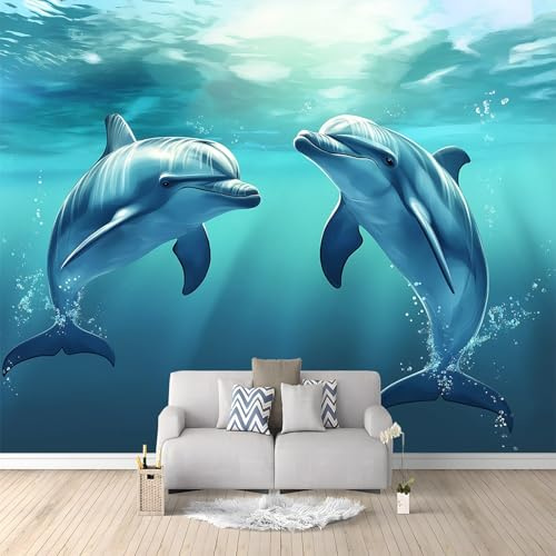 WHUOEUCO Carta Da Parati Effetto 3D Delfino Blu 250x175 cm Fotomurali Non Tessuto, Decorazione Poster Arte Murale Moderna per Casa Ufficio Camera Da Letto Soggiorno