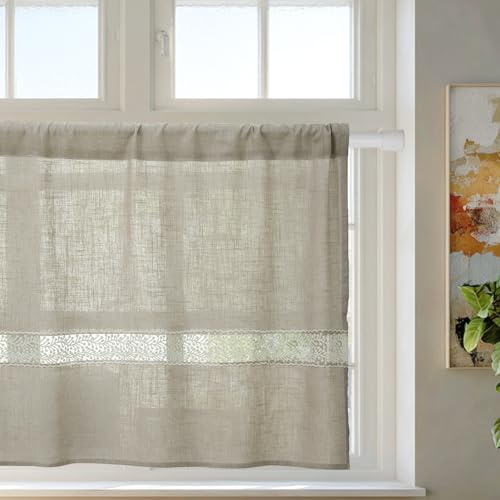 HiSnug Scheibengardinen Küche Natur Leinen Bistrogardine für Landhausstil Gardinen Kurz Halbtransparente Küchengardinen, Patchwork-Muster aus Spitze, H45 x B125 cm - 1 Stück