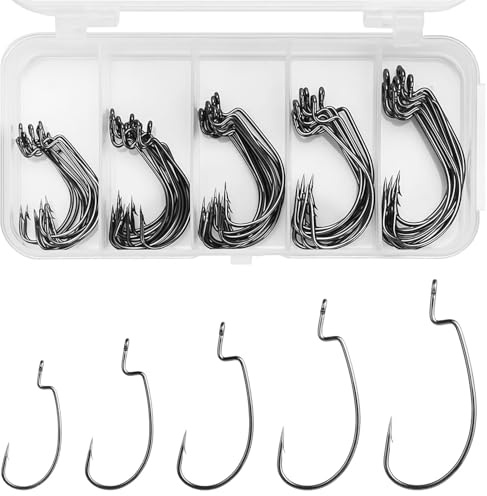 Hameçons offset 50 pièces Set d'hameçons - Hameçons à ver, têtes de jig, Hameçons Dropshot Plomb, 5 tailles Acier au carbone, Boîte plastique - Pour montage Dropshot Prêt, Silure & appâts souples