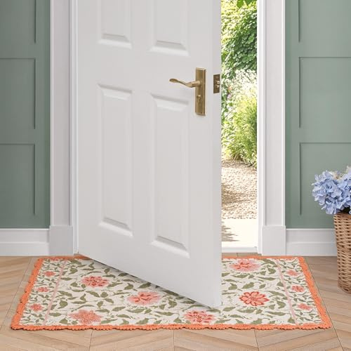 Laura Ashley Cotton Crochet Border Moored Garden Pale Poppy Floral Machine Washable & Slip Resistant 26 x 45 Accent Rug