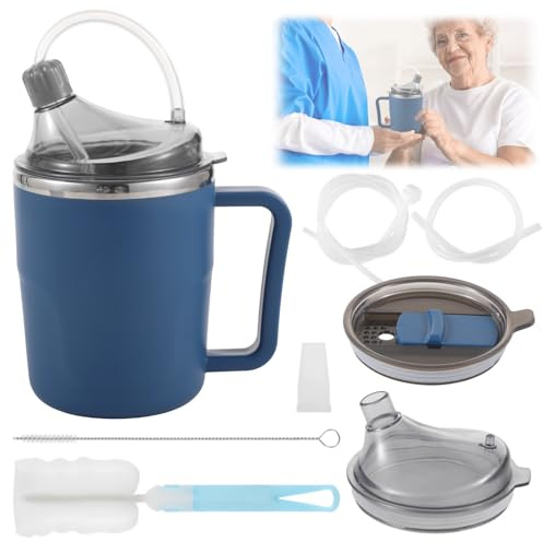 Gobelet anti-déversement de 390 ml pour personnes âgées, tasse étanche avec bec souple et pailles, comprend des brosses et une boîte de rangement pour une utilisation alitée