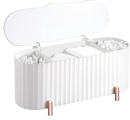 Contenitore per tamponi di trucco, porta batuffoli di cotone, dispenser per tamponi di cotone con 3 scomparti, contenitore per dischetti di cotone con coperchio, per camera da letto e bagno