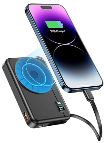 Batterie Externe Magnétique 10000mAh - Chargeur Portable sans Fil à Induction, Charge Rapide, Compatible iPhone 16/15/14/13 et Samsung, Ultra Compact Mini, Entrée et Sortie Type-C, Écran LED Moscsaz
